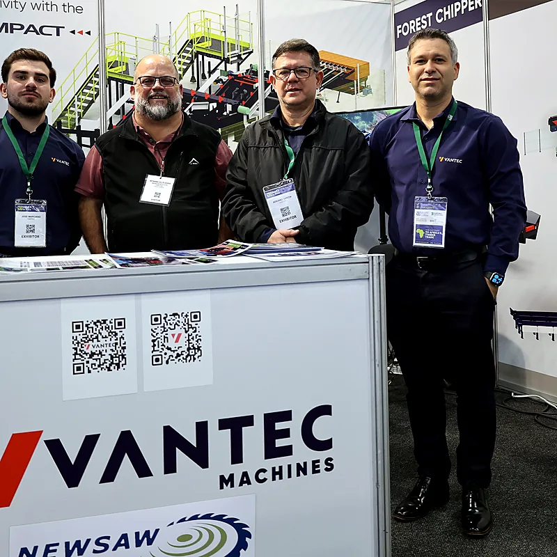 Four NEWSAW and Vantec representatives at the Vantec exhibition stand during WoodEX 2026